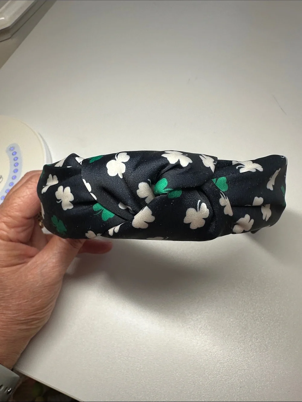 Loft Navy Blue Knot Headband with White & Green Clover Print